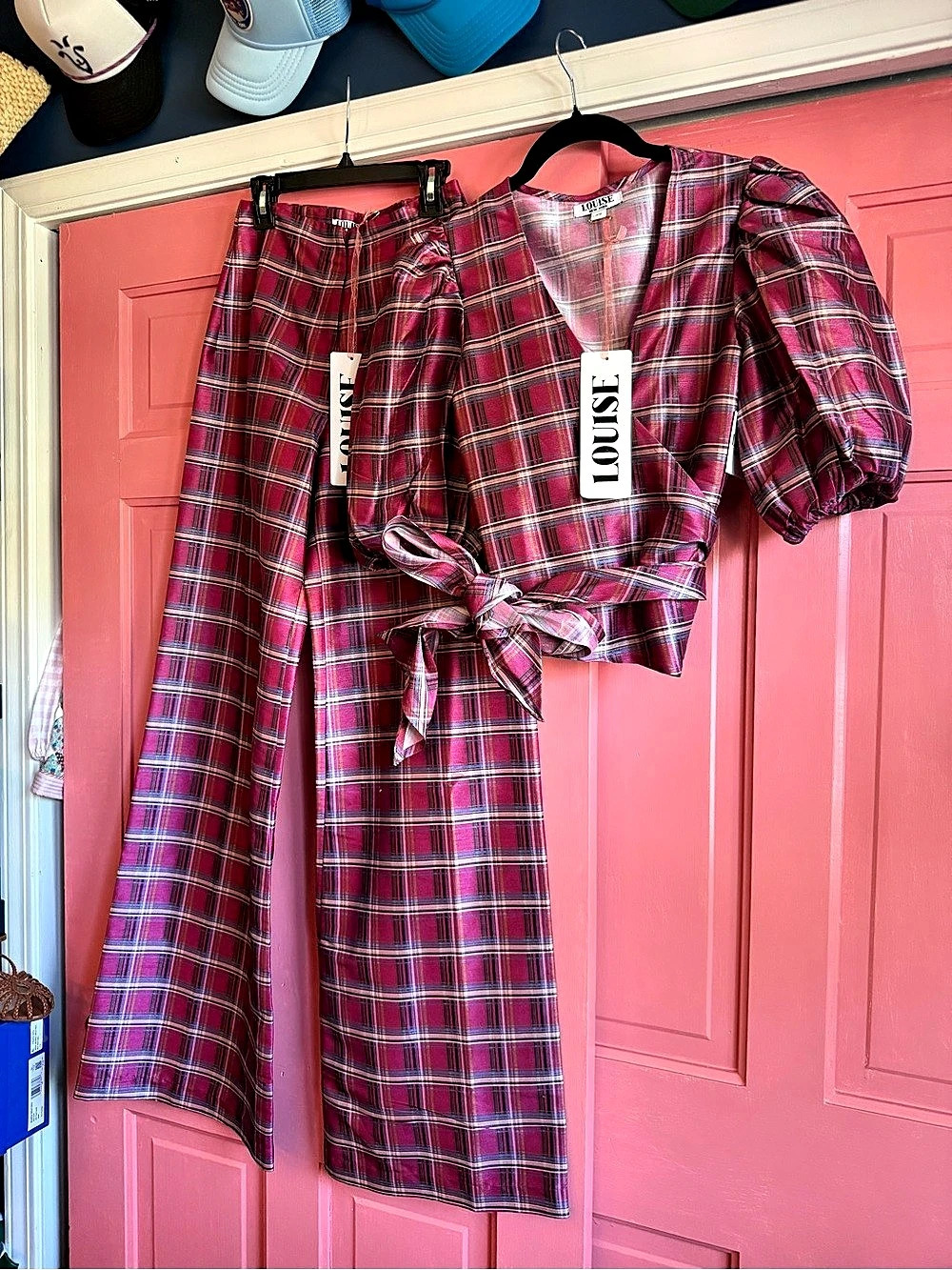 Louise New York Scarlett Pant in Berry Tartan Plaid Wrap top Pink & Red XS, NWT